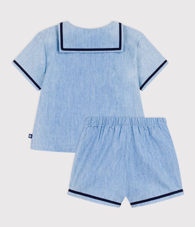Completo neonato 2 pezzi in chambray con T-shirt con colletto alla marinara blu