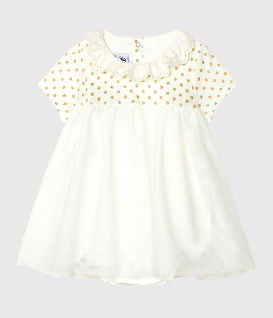 Abito body bebè femmina in cotone e lino bianco MARSHMALLOW/giallo OR