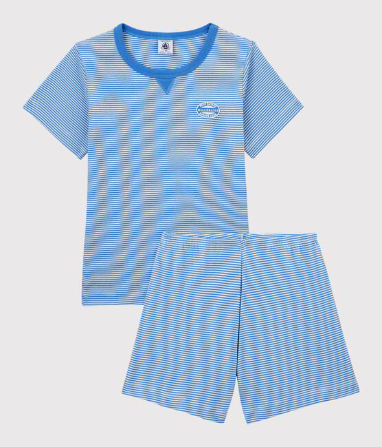 Pigiama corto bambino a righe in cotone blu BRASIER/grigio MARSHMALLOW