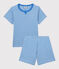 Pigiama corto bambino a righe in cotone blu BRASIER/grigio MARSHMALLOW