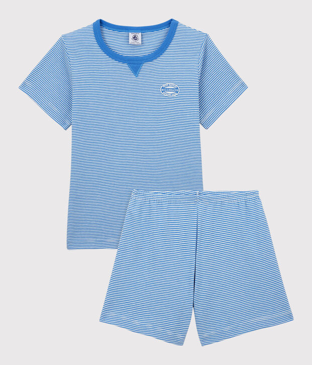 Pigiama corto bambino a righe in cotone blu/bianco