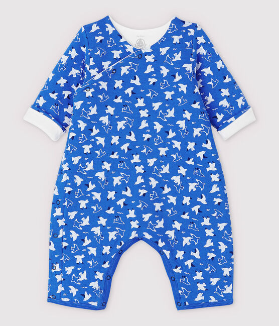 Tutina lunga uccelli bebè in tubique trapuntato in cotone biologico blu COOL/ecru MULTICO