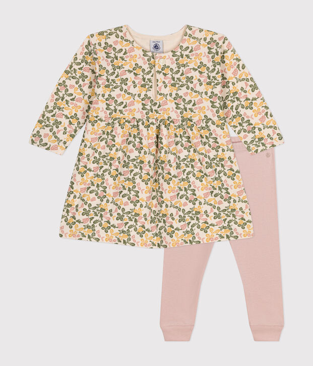 Abito beb&egrave; a maniche lunghe in tubique e leggings in cotone ecru/multicolore