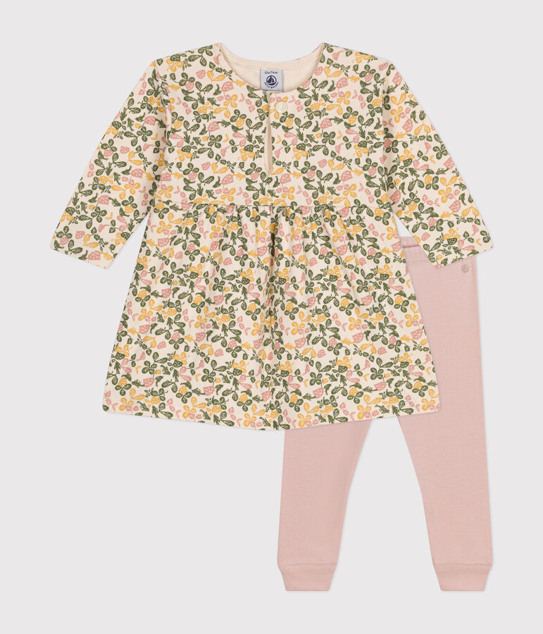 Abito beb&egrave; a maniche lunghe in tubique e leggings in cotone ecru/multicolore