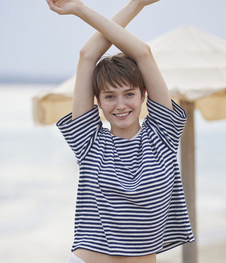 T-shirt LE BOXY in spugna di cotone donna blu MEDIEVAL/bianco MARSHMALLOW