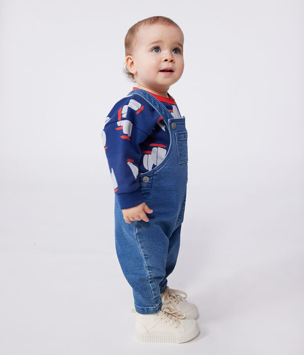 Salopette neonato in denim ed elastan a gamba lunga blu