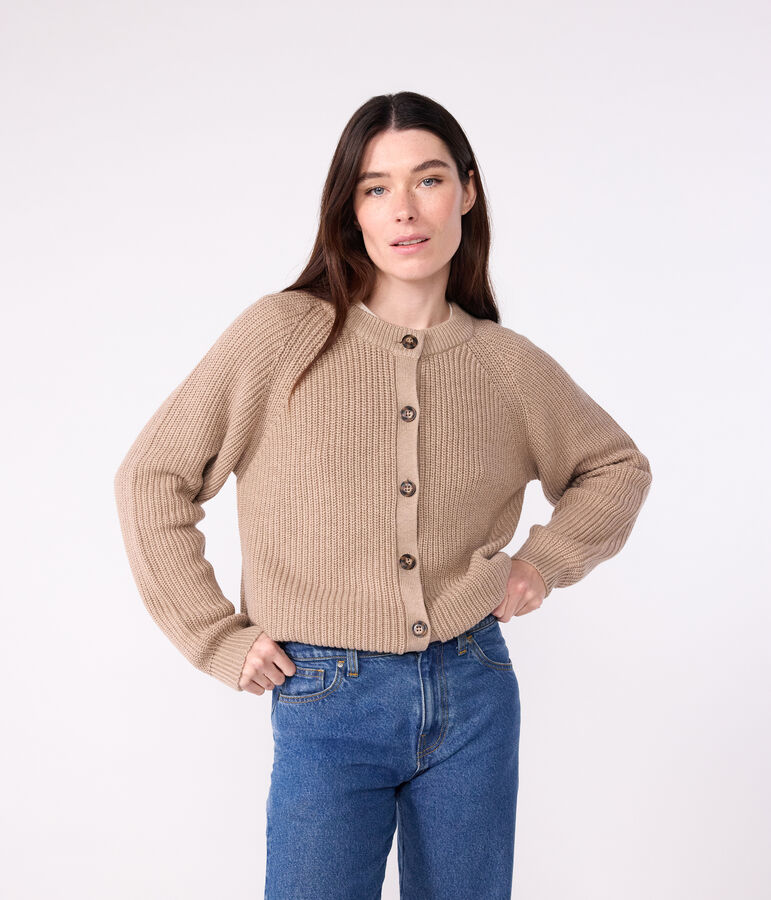 Cardigan in misto lana e cotone tinta unita donna marrone