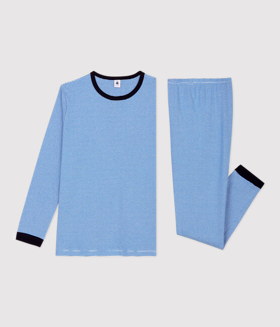 Pigiama bambino millerighe in cotone blu RUISSEAU/bianco MARSHMALLOW