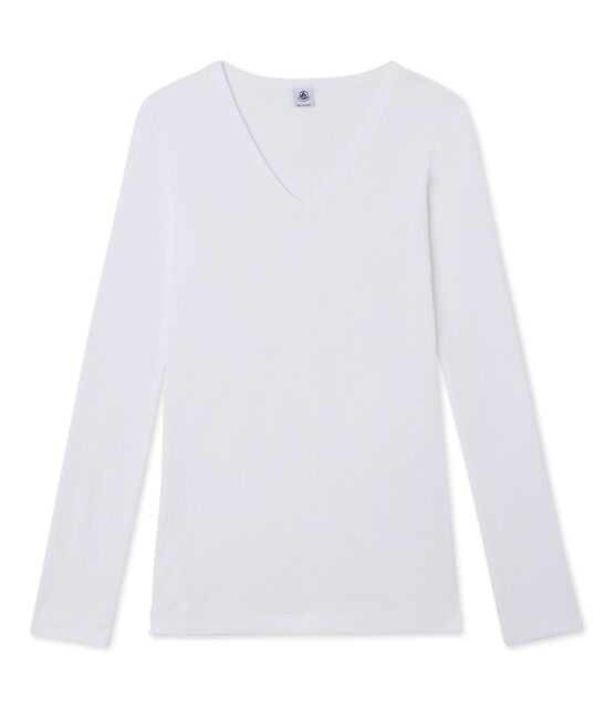 T-shirt donna a maniche lunghe con scollo a V bianco ECUME