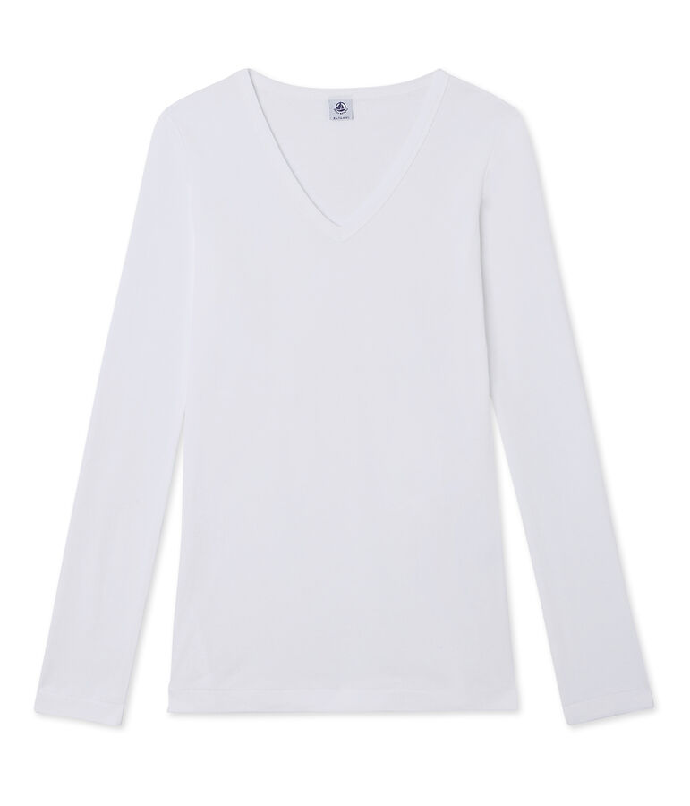 T-shirt donna a maniche lunghe con scollo a V bianco
