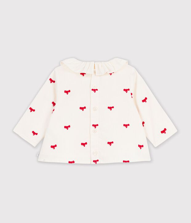 Blusa in velluto con motivo di fiocchi ricamati neonata ecru/rosso