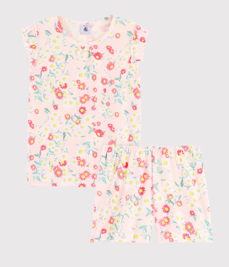 Pigiama corto a fiori bambina a costine bianco MARSHMALLOW/bianco MULTICO