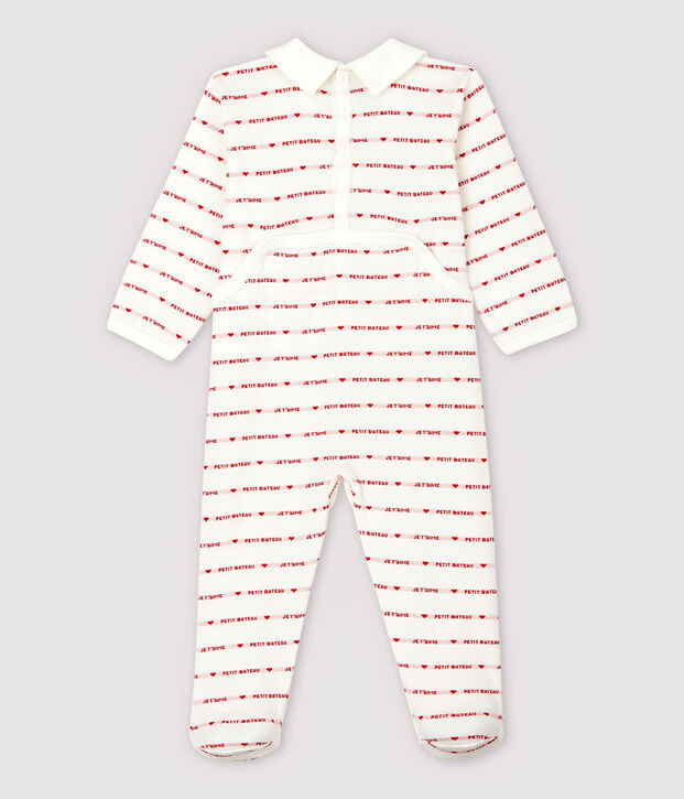 Tutina pigiama Petit Bateau Je T'aime beb&egrave; femmina in jacquard bianco/rosso