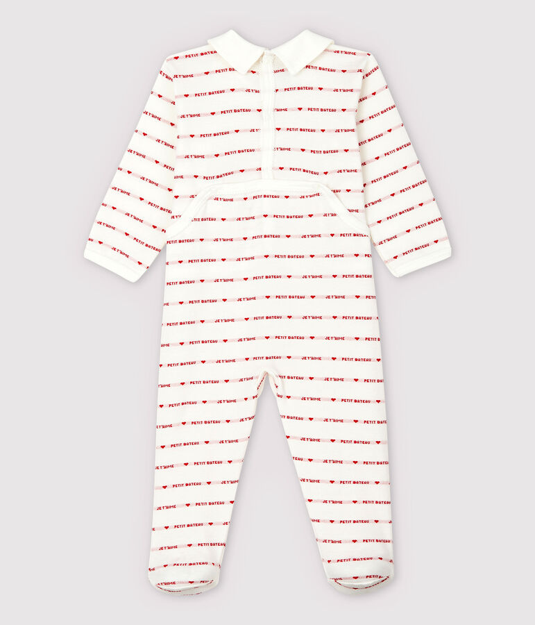 Tutina pigiama Petit Bateau Je T'aime beb&egrave; femmina in jacquard bianco/rosso
