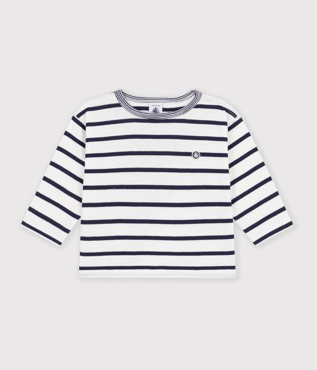T-shirt a maniche lunghe in cotone a righe neonato. bianco/blu