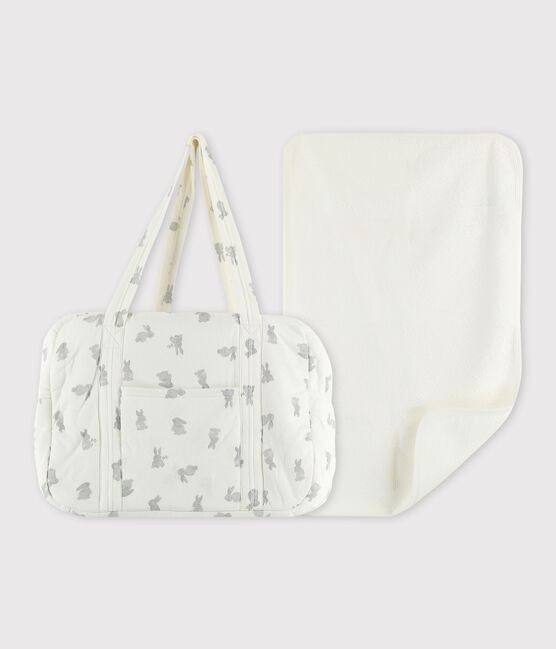 Confezione borsa porta-fasciatoio e fasciatoio con coniglio in tubique di cotone biologico bianco MARSHMALLOW/grigio GRIS