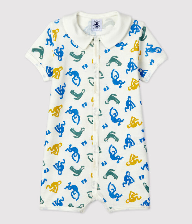 Tutina corta beb&egrave; con scimmie fosforescenti in cotone bianco/multicolore