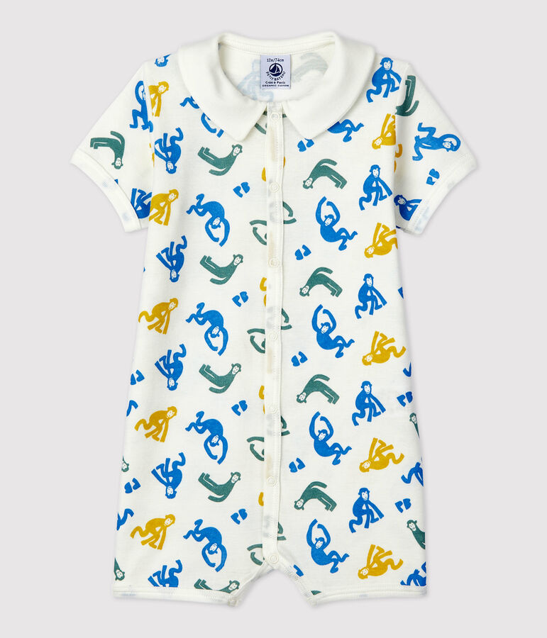 Tutina corta beb&egrave; con scimmie fosforescenti in cotone bianco MARSHMALLOW/bianco MULTICO