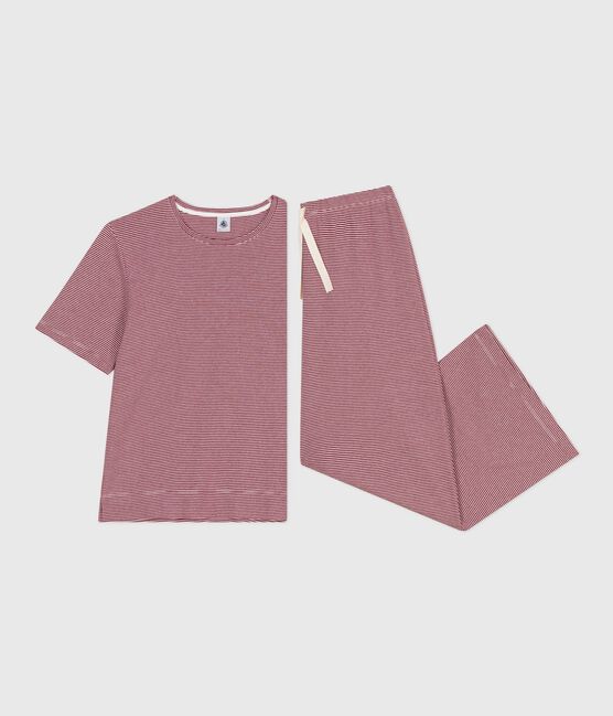 Pigiama donna a maniche corte con gamba ampia in cotone a righe rosso AMARANTE/ MARSHMALLOW
