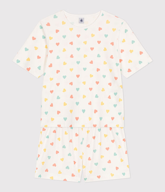Pigiama corto in cotone con stampa a cuori donna bianco MARSHMALLOW/bianco MULTICO
