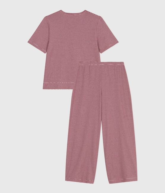 Pigiama donna a maniche corte con gamba ampia in cotone a righe rosso AMARANTE/ MARSHMALLOW