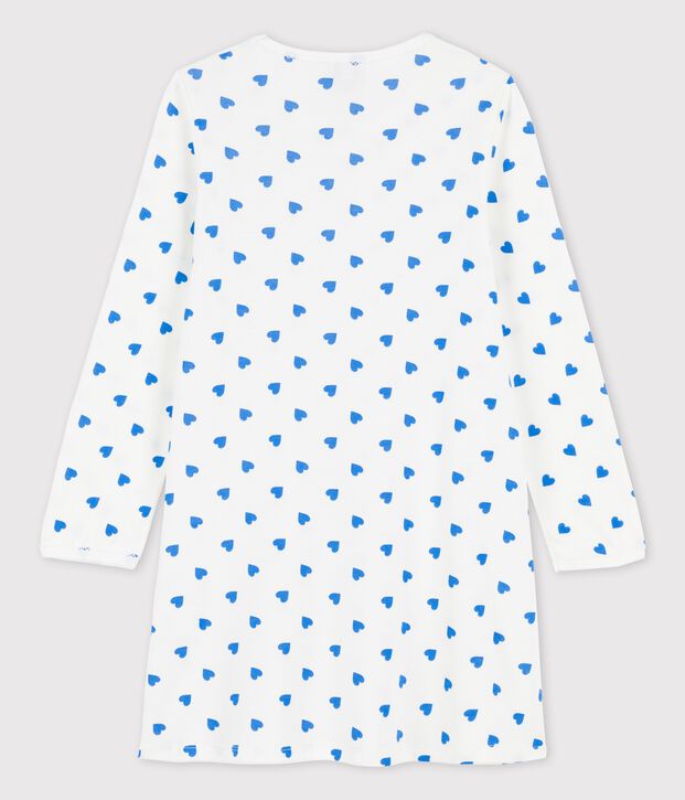 Camicia da notte a manica lunga con cuori blu bambina in cotone bianco/blu