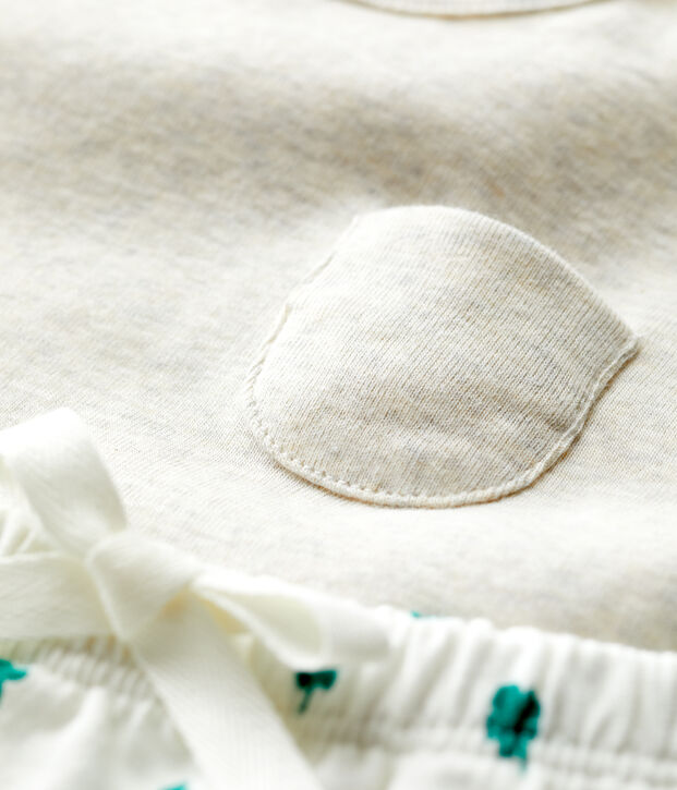 Completo 2 pezzi fantasia vegetale in tessuto felpato biologico beb&egrave; beige/multicolore