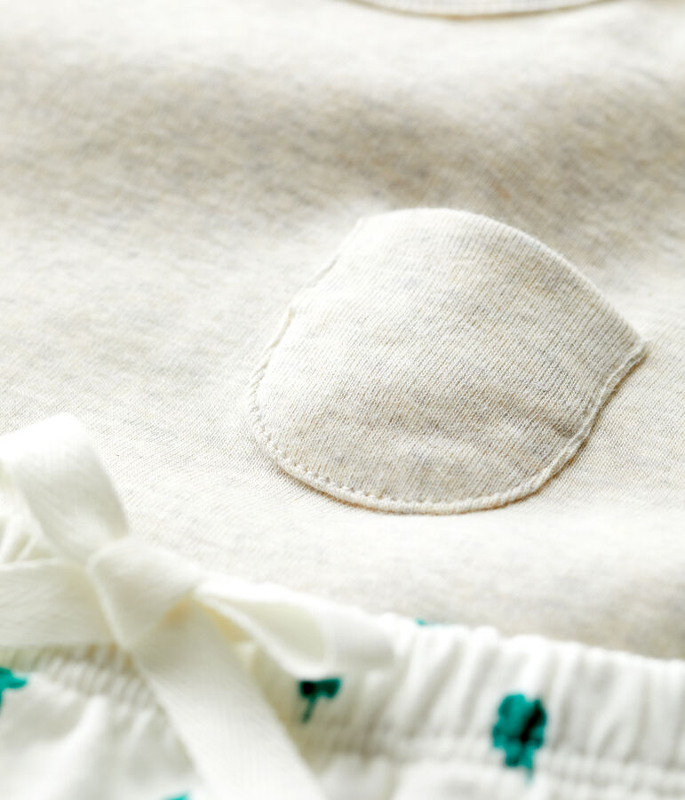 Completo 2 pezzi fantasia vegetale in tessuto felpato biologico beb&egrave; beige MONTELIMAR/bianco MULTICO