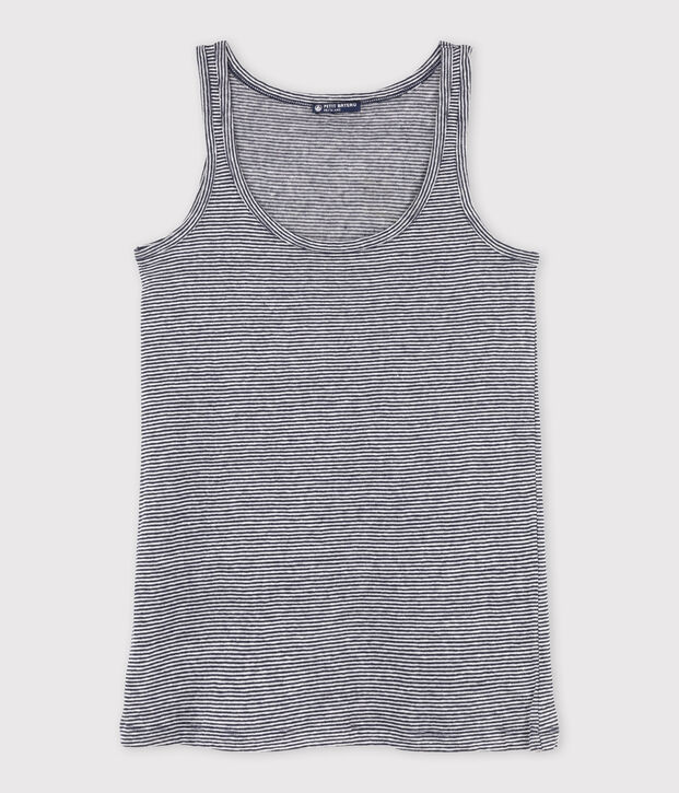 Canotta donna in lino millerighe blu/bianco