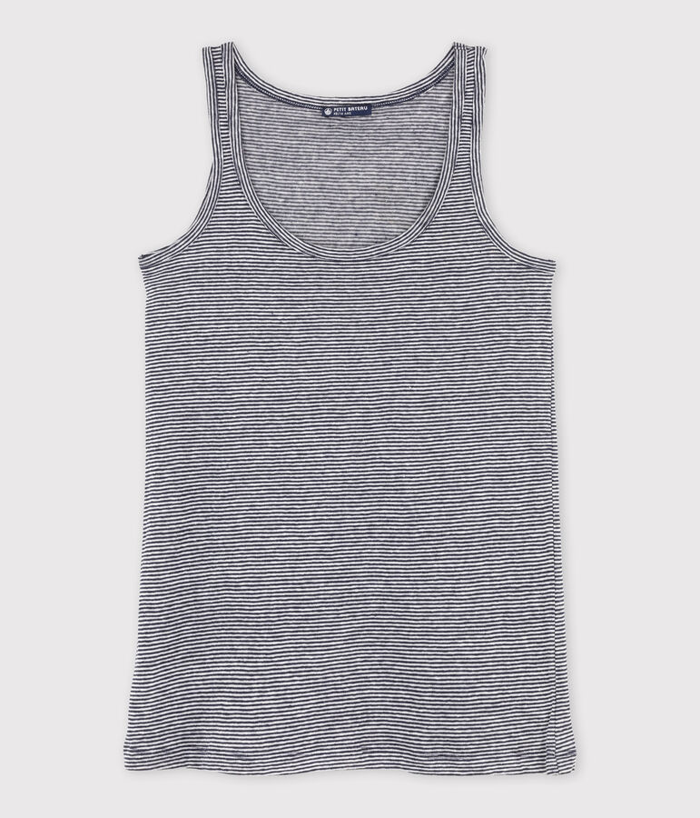 Canotta donna in lino millerighe blu/bianco