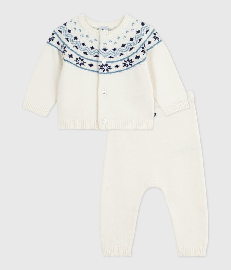 Completo 2 pezzi con cardigan in maglia jacquard neonato bianco/blu