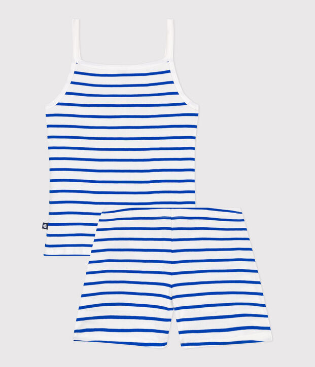 Pigiama corto in cotone a righe con spalline sottili donna bianco/blu