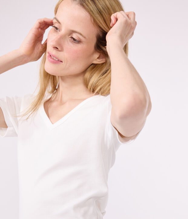 T-shirt Iconica a maniche corte a coste tinta unita donna bianco