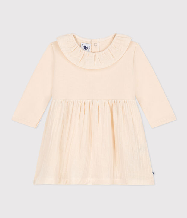 Abito a maniche lunghe in doppio materiale per beb&egrave; ecru