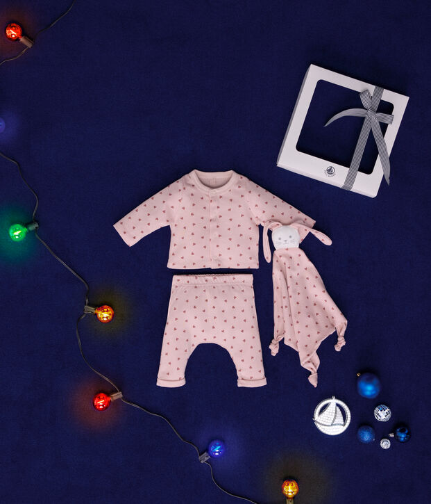 Cofanetto comprendente cardigan, pantaloni e doudou in cotone neonato rosa/rosa