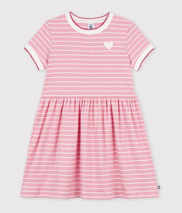 Abito a maniche corte in cotone a righe bambina rosa/bianco