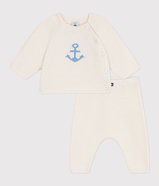 Completo 2 pezzi in maglia di lana e cotone jacquard neonato bianco MARSHMALLOW