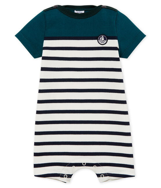 Tutina corta neonato in jersey pesante a righe verde PINEDE/bianco MARSHMALLOW/ SMOKING