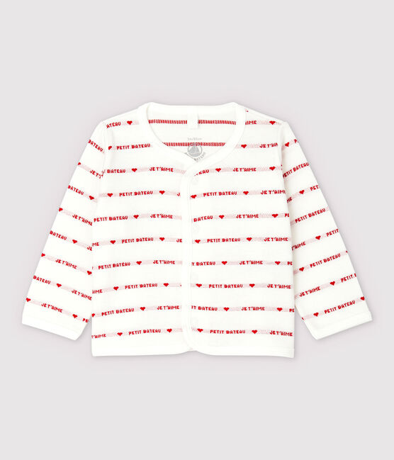 Cardigan "Petit Bateau Je t'aime" bebè in jacquard di cotone biologico bianco MARSHMALLOW/rosso TERKUIT