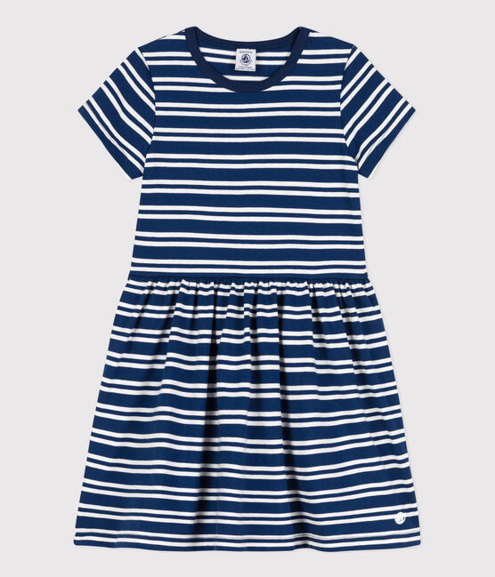 Abito a maniche corte in cotone a righe bambina blu MEDIEVAL/bianco MARSHMALLOW