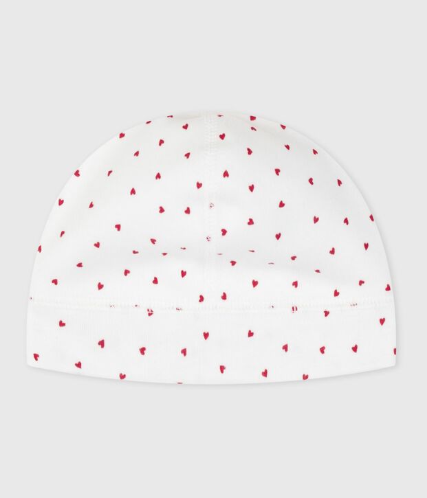 Cuffietta nascita in cotone con stampa a cuori bianco/rosso
