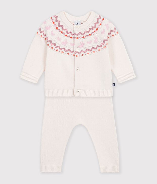 Completo in maglia jacquard fantasia neonato ecru/rosa