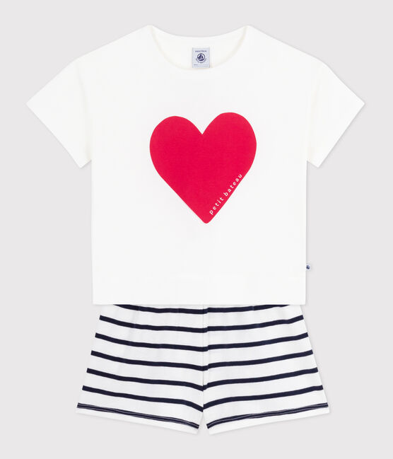 Pigiama corto in cotone con stampa a cuori bambino bianco MARSHMALLOW/blu SMOKING