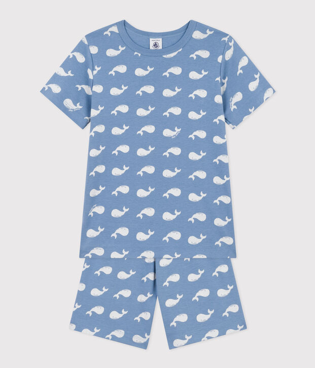 Pigiama short in cotone fantasia balena bambino blu/bianco