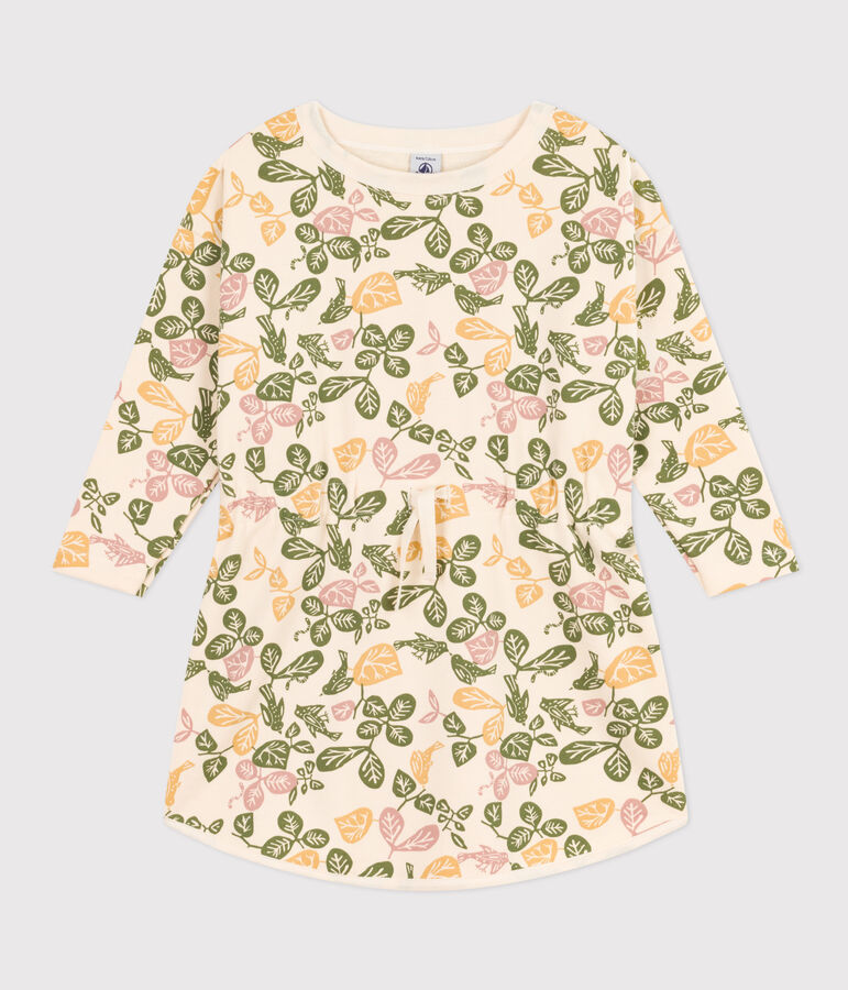 Abito bambina a maniche lunghe in tessuto felpato stampato ecru/rosa/multicolore