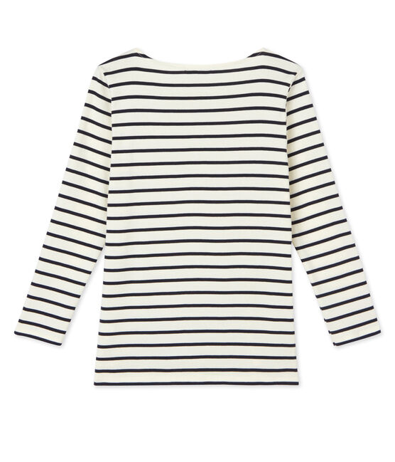 T-shirt femme manches longues en côte originale beige COQUILLE/blu SMOKING