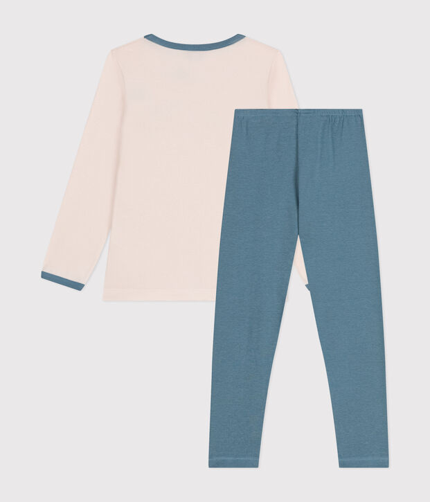 Pigiama bambina a maniche lunghe in cotone beige/blu