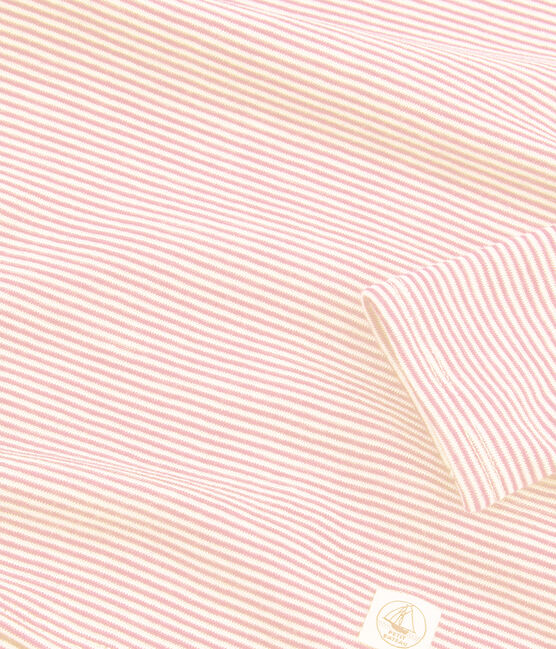 T-shirt a maniche lunghe in lana e cotone millerighe da bambina rosa CHARME/bianco MARSHMALLOW