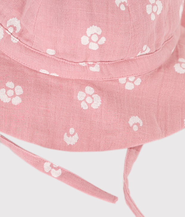 Cappellino in garza di cotone a fiori rosa neonata rosa/bianco