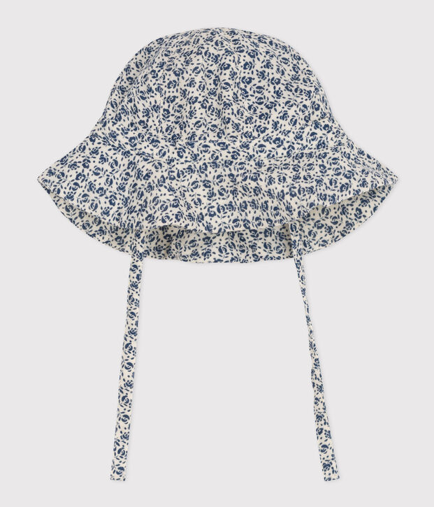 Cappellino in garza di cotone a fiori blu beb&egrave; femmina ecru/blu